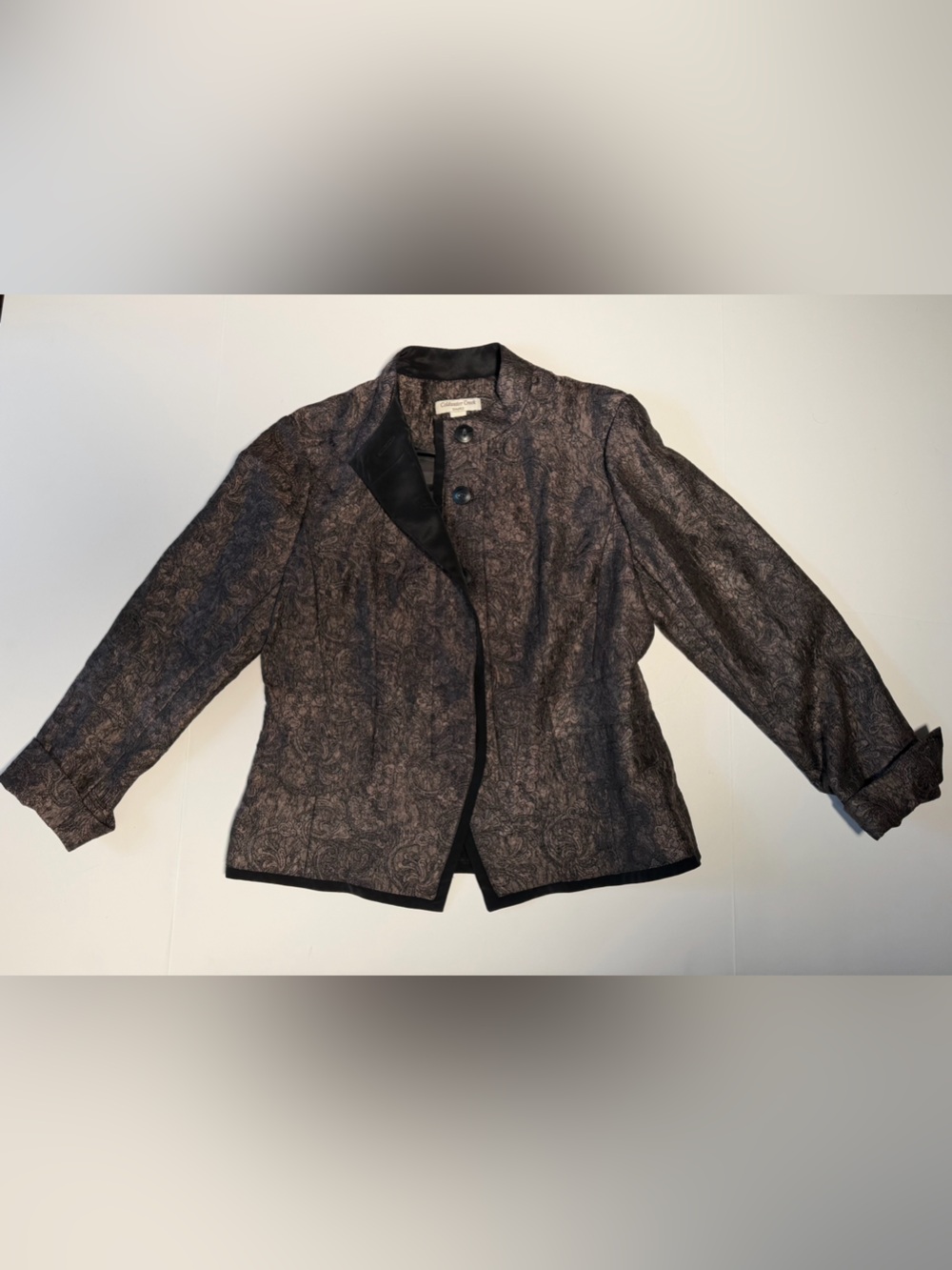 Coldwater Creek Black Brown Mandarin Collar Paisley shaped Blazer 8 petite EUC